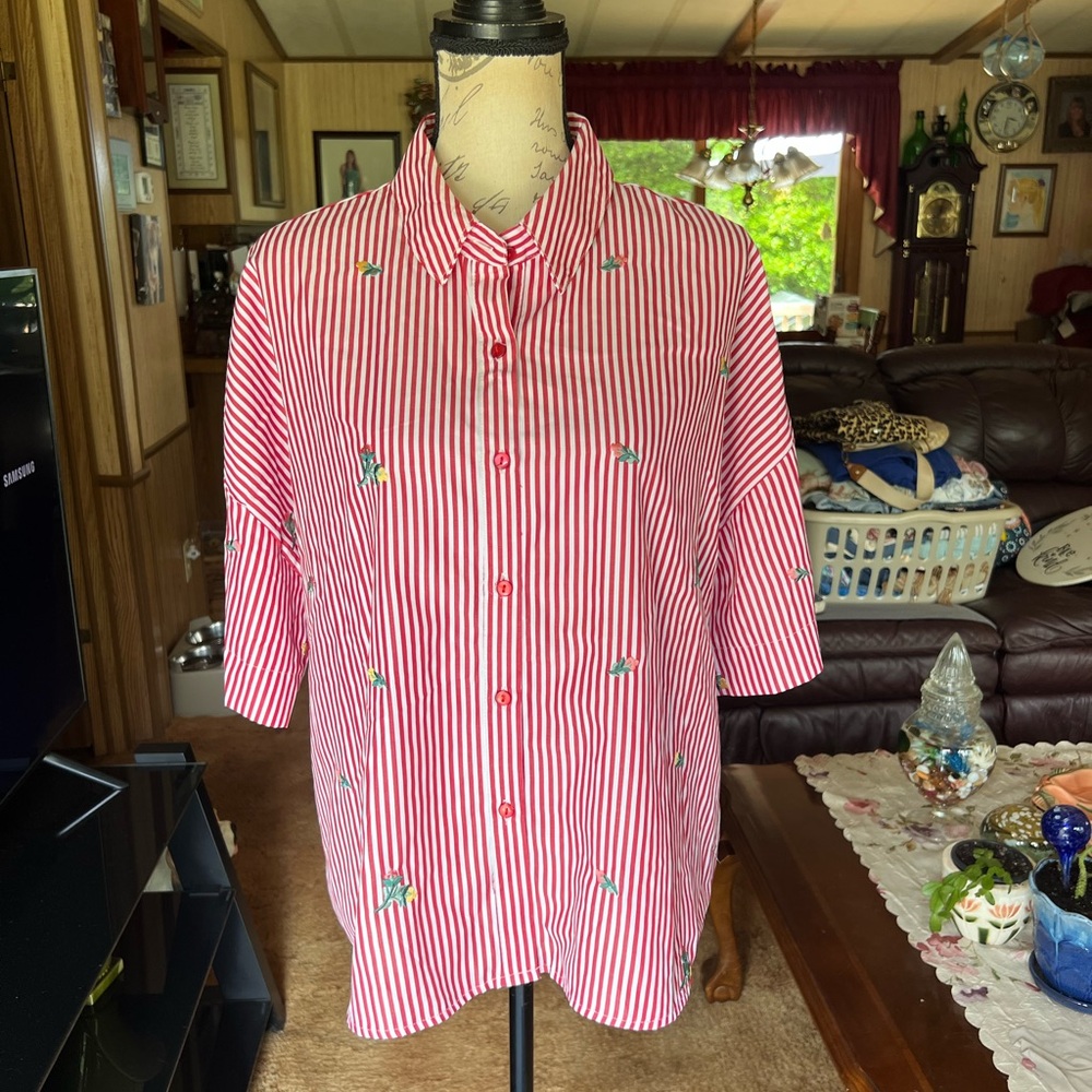 NWT women’s Unique Spectrum striped button down floral embroidery blouse.